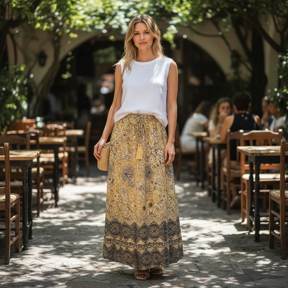 Zara Maxi‎ Skirt sz M Yellow Black Paisley Metallic Boho Flowy whimsical